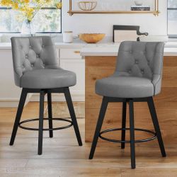 26.5 in Seat Height Dark Gray Faux Leather Counter Height Solid Wood Leg Swivel Bar stool(Set of 2)