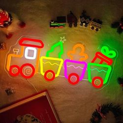 NEW Christmas Train Neon Sign Gingerbread Train Led Sign Neon Christmas Lights Dimmable Light Up Sign Holiday Led Wall Decor for Home Cute Xmas Gift f