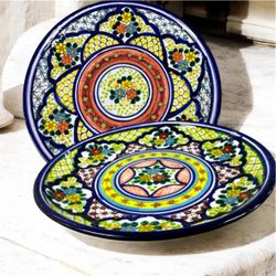Vintage Mezili Puebla Mexico Talavera 10” Plates Hand Painted Floral Set of 2