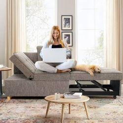 SEJOV Sofa Bed, 4-in-1 Convertible Sleeper Couch, Pull Out Couch with 3 Seater, Sofa Chair with 5 Adjustable Backrests, 71’’ Linen Couch with 2 Pillow