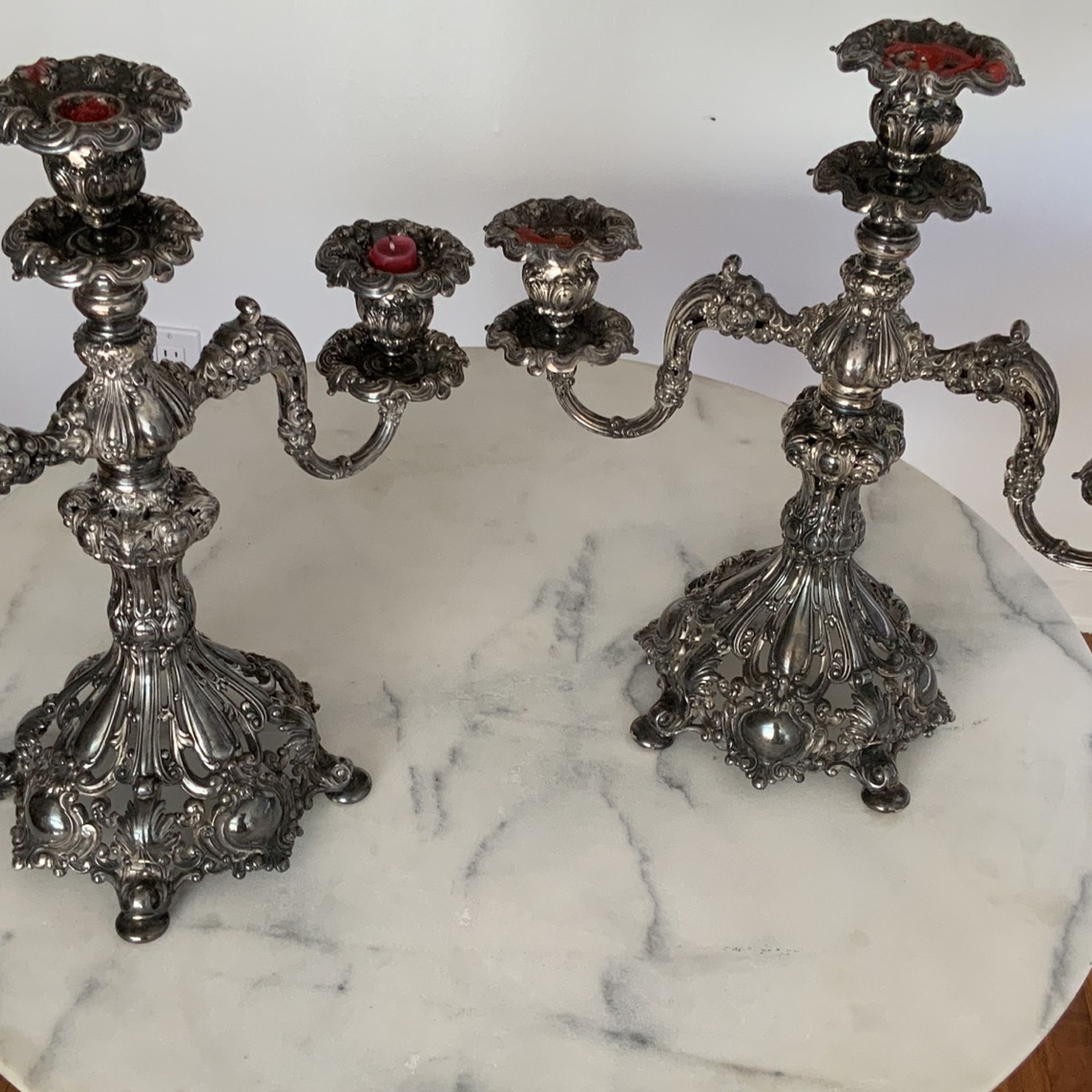 Beautifully Ornate Silver Plate Barton Reed Candelabras Pair.