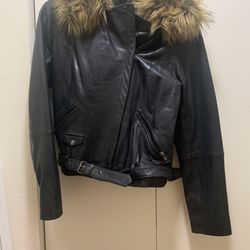 Women Black Leather Jacket W/ Fur Collar