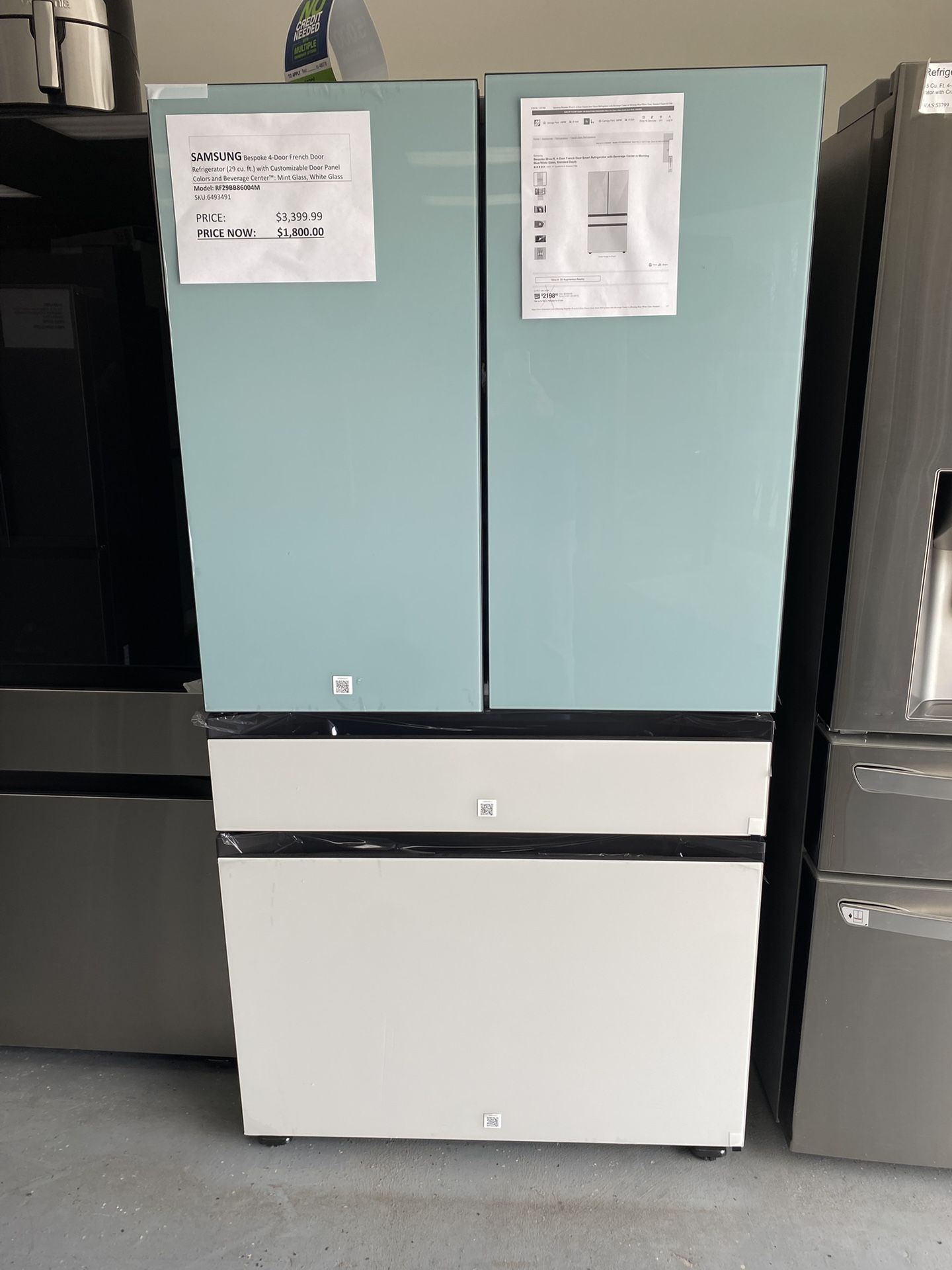 Bespoke 4-Door French Door Refrigerator (29 cu. ft.) with Beverage Center™ in Morning Blue Glass Top Panels and White Glass Middle and Bottom Panels