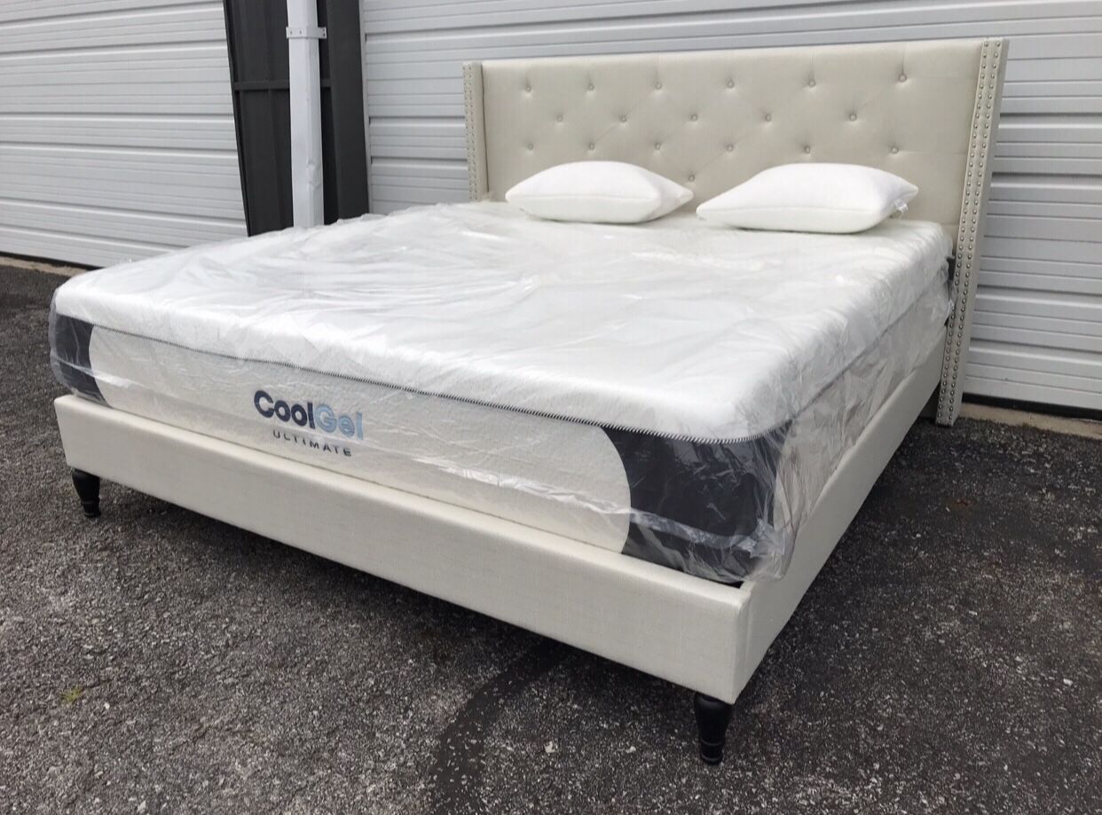 New KING size ivory platform bed frame and 14” cool gel memory foam mattress with 2 pillows
