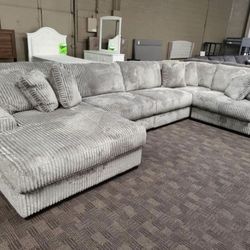 Grey Corduroy Chaise Sectional 