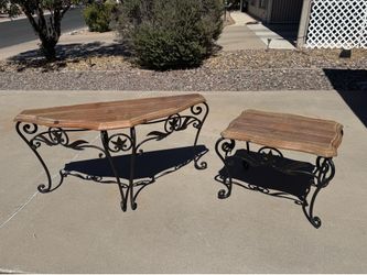 Wrought iron and wood sofa table and end table