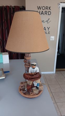 Vintage Table Lamp Apsit Bros of Clair Rare 1987 Nautical Shirt Builder Lamp Fisherman Large 26”, Hand Painted with Original Shade