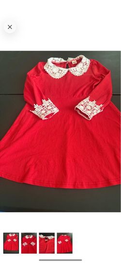 Red Long-Sleeve Girls' Dress with White Crochet Collar and Cuffs