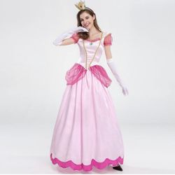 Women Princess Peach Costume With Crown And Gloves 