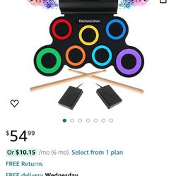 Electronic Drum Set,7 Practice Drum Pads,Roll-up Rechargeable Drum Set with Pedals,Sticks,Built-in Speaker/Headphone Jack, Rainbow Color