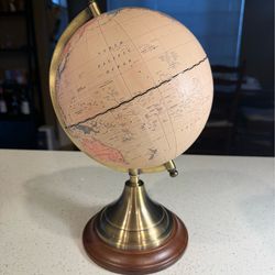 Vintage Style World Globe Brass Stand Wood Base 14”