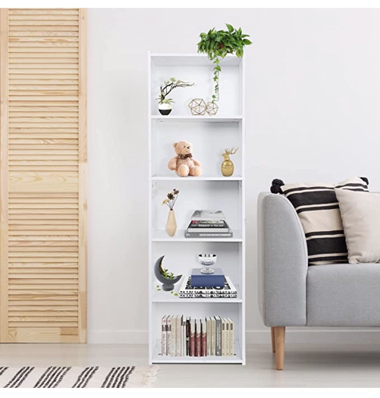 Wood Bookcase 5-Tier Open Shelf Tall Narrow Bookshelf Storage Organizer