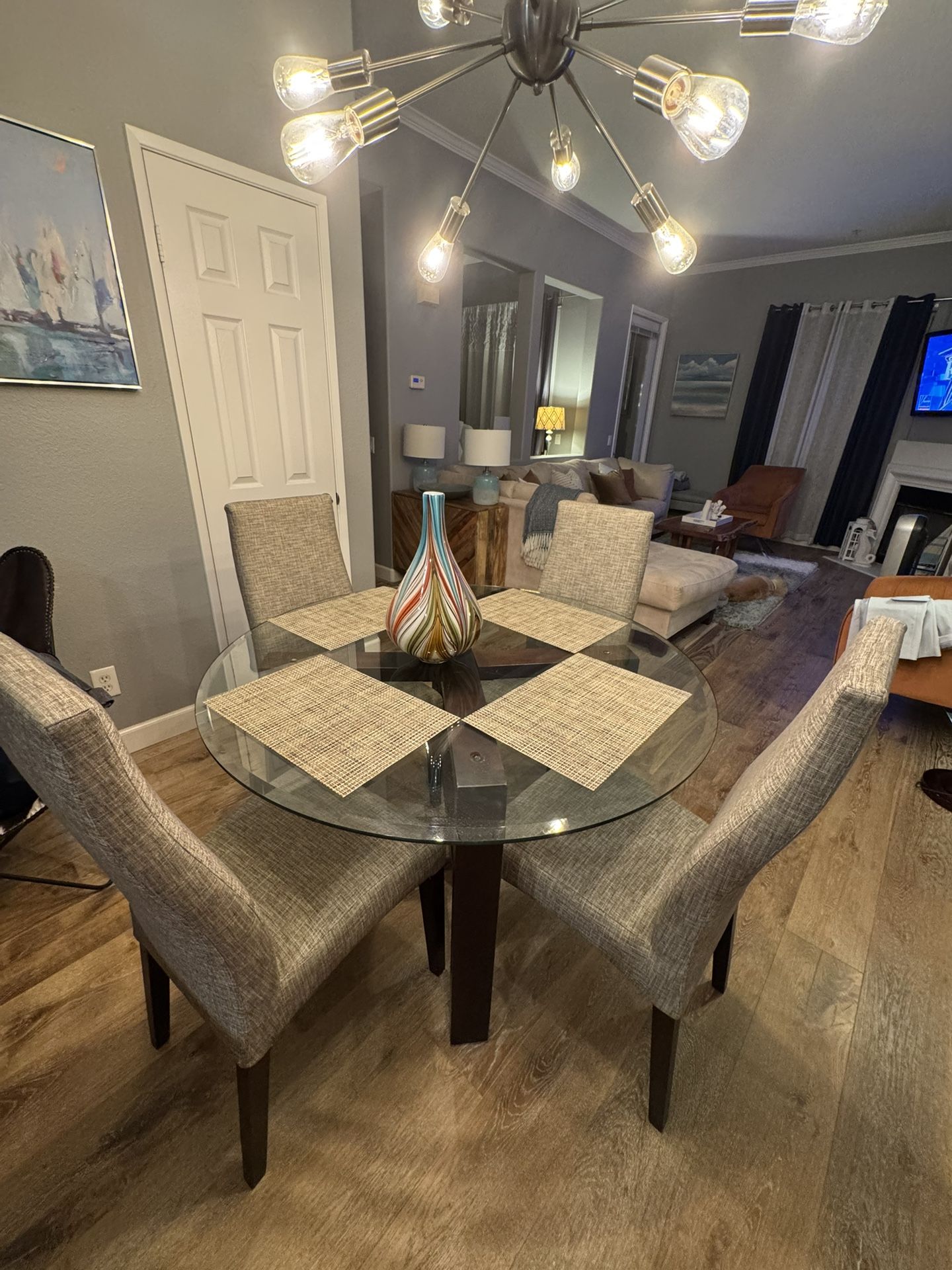 Round Table Dining Set With Linen Chairs 