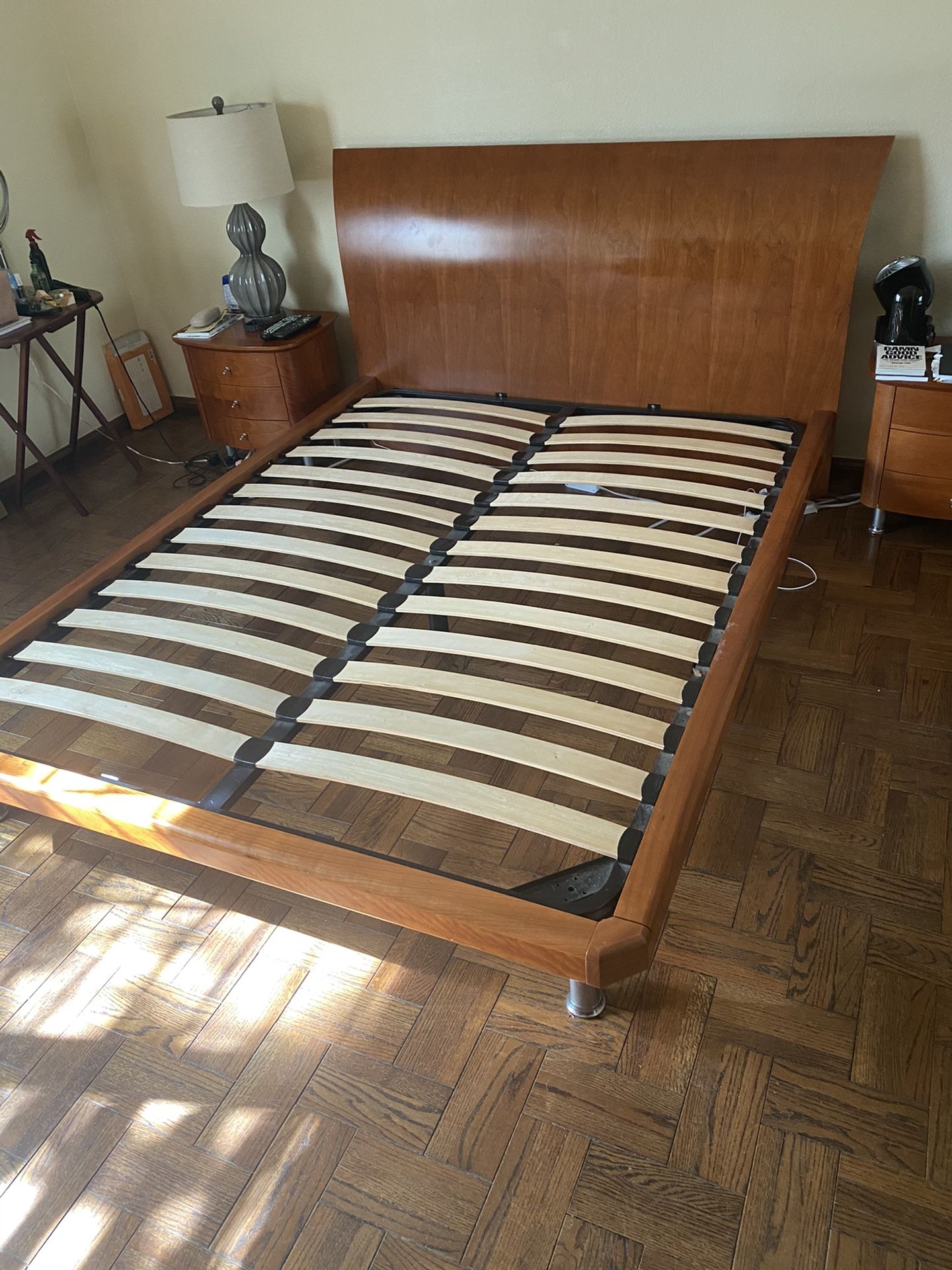 Queen Sized Wooden Bed Frame With 2 Night Stands And 6 Drawer Dresser