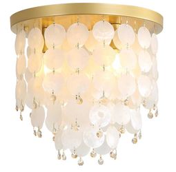 13" Flush Mount Chandelier Natural Capiz Shell Ceiling Light 3 Light Mini Chandelier Gold Crystal Small Hallway Light Fixtures Ceiling for Bedroom Kit