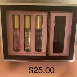 Victoria Secret 3- Mist Perfumes And A Black Mist Container 