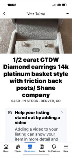 1/2 Carat CTDW Diamond Earrings 14k Platinum Basket Style Friction Back