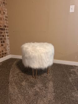 White Faux Fur Ottoman Stool with Gold Legs