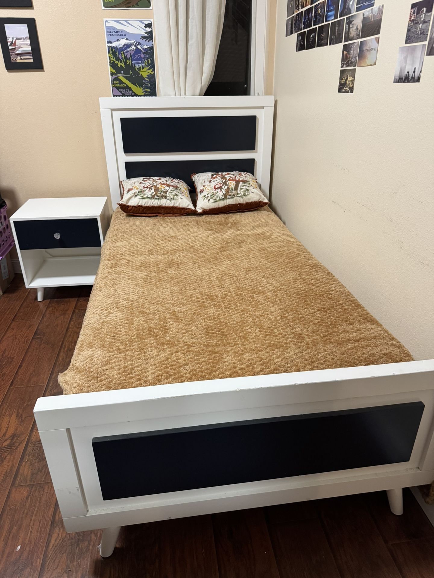 White Twin Bed And Side Table