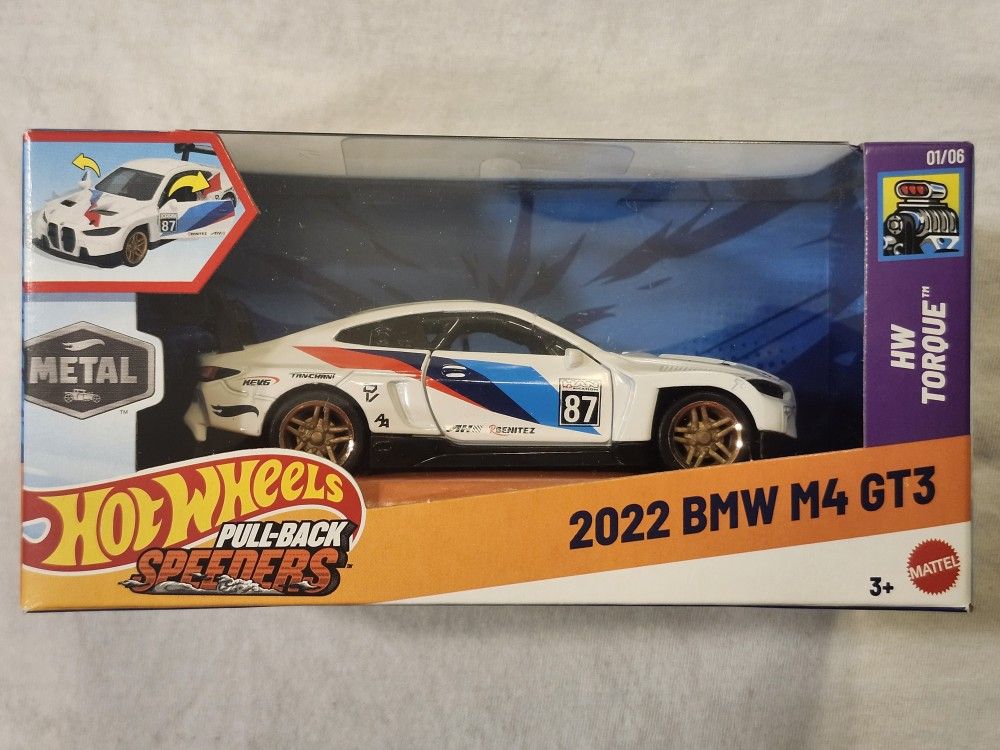 HOT WHEELS METAL DIECAST 1;43 SCALE. PULL BACK SPEEDERS. TORQUE 2022 BMW M4 GT3.