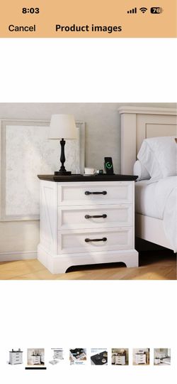 Modern Farmhouse Wood Nightstand with Charging Station & 3 Large Drawers, 24 Inch Wide Rustic Bedside Table & End Table with Storage Bedside Cabinet f
