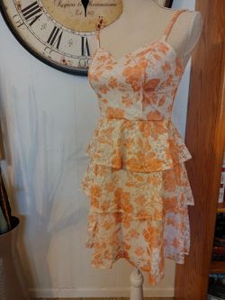 I.N. San Francisco Orange Floral Lace Tiered Mini Dress | M