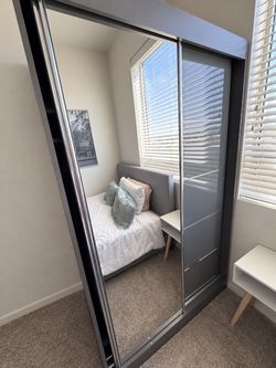 LARGE MIRRORED WARDROBE WITH SHELVES