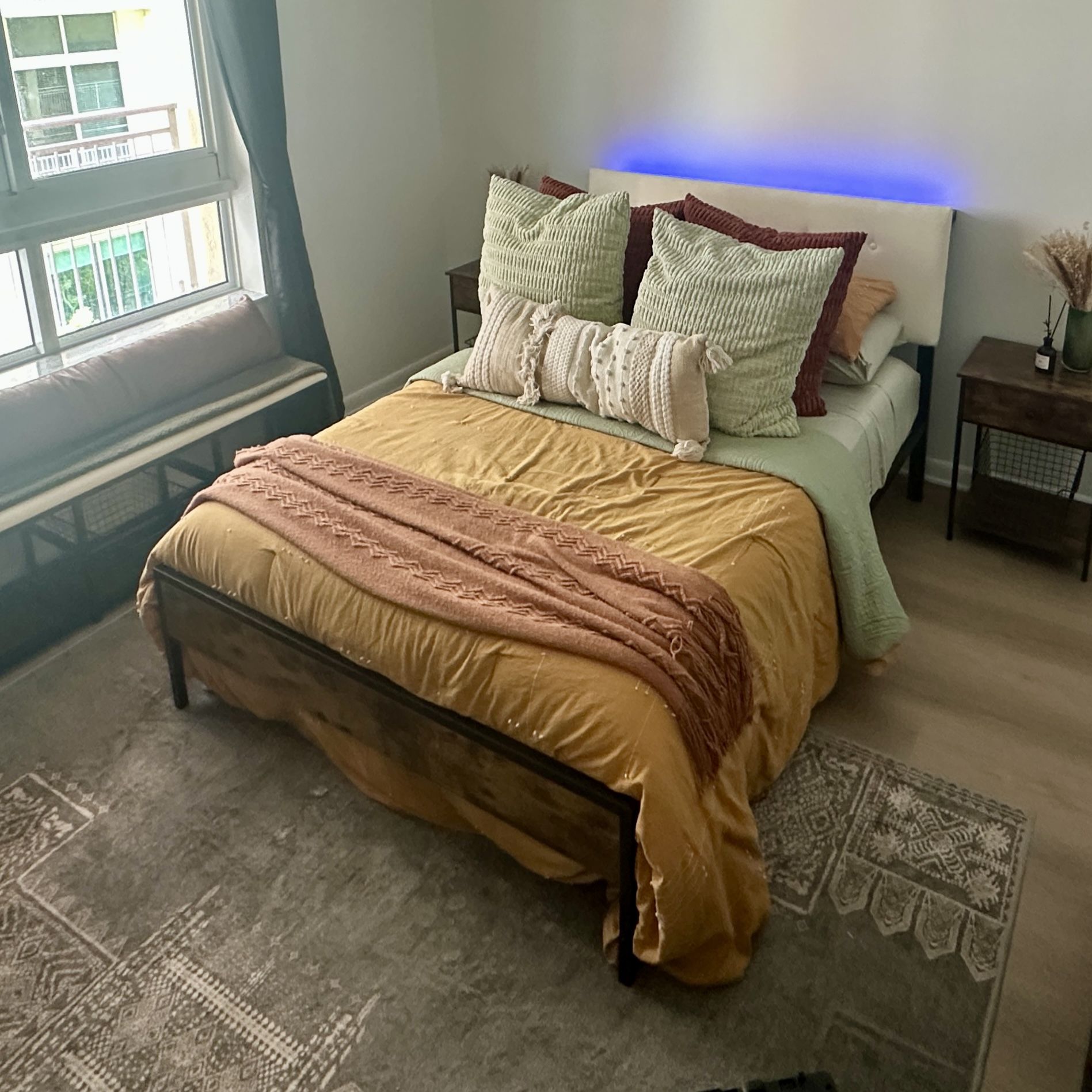 Full Bed Frame + Memory Foam Mattress + Storage Bench + Baskets