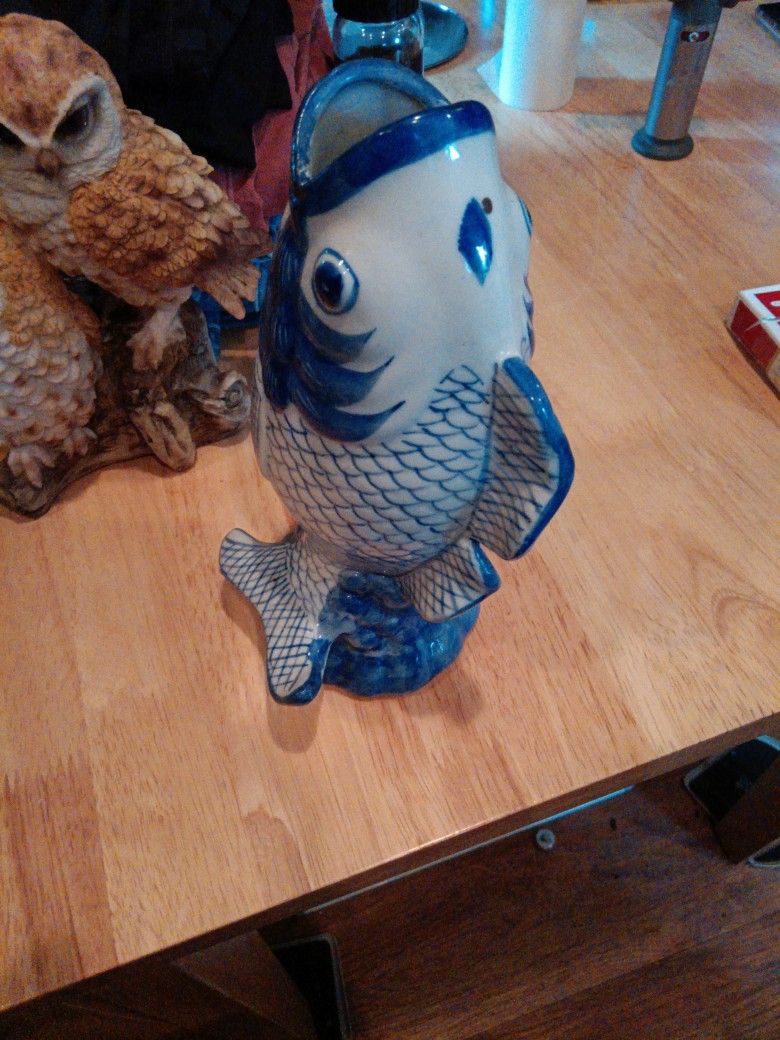 Blue And White Oriental Fish Standing 11 Inch Tall And 5 Inch Wide In Like New Cond 