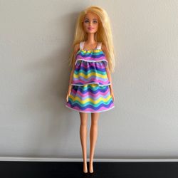 Mattel Barbie Doll Blonde Blue Eyes Rainbow Stripe Tiered Summer Dress