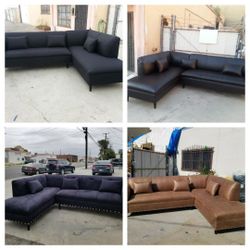 Brand NEW 9x7ft And 7X9FT Sectionals Chaise. Camel, Dark BROWN LEATHER. Black MICROFIBER With studs And Domino BLACK FABRIC  Sofas  Set  2pcs/more Fab