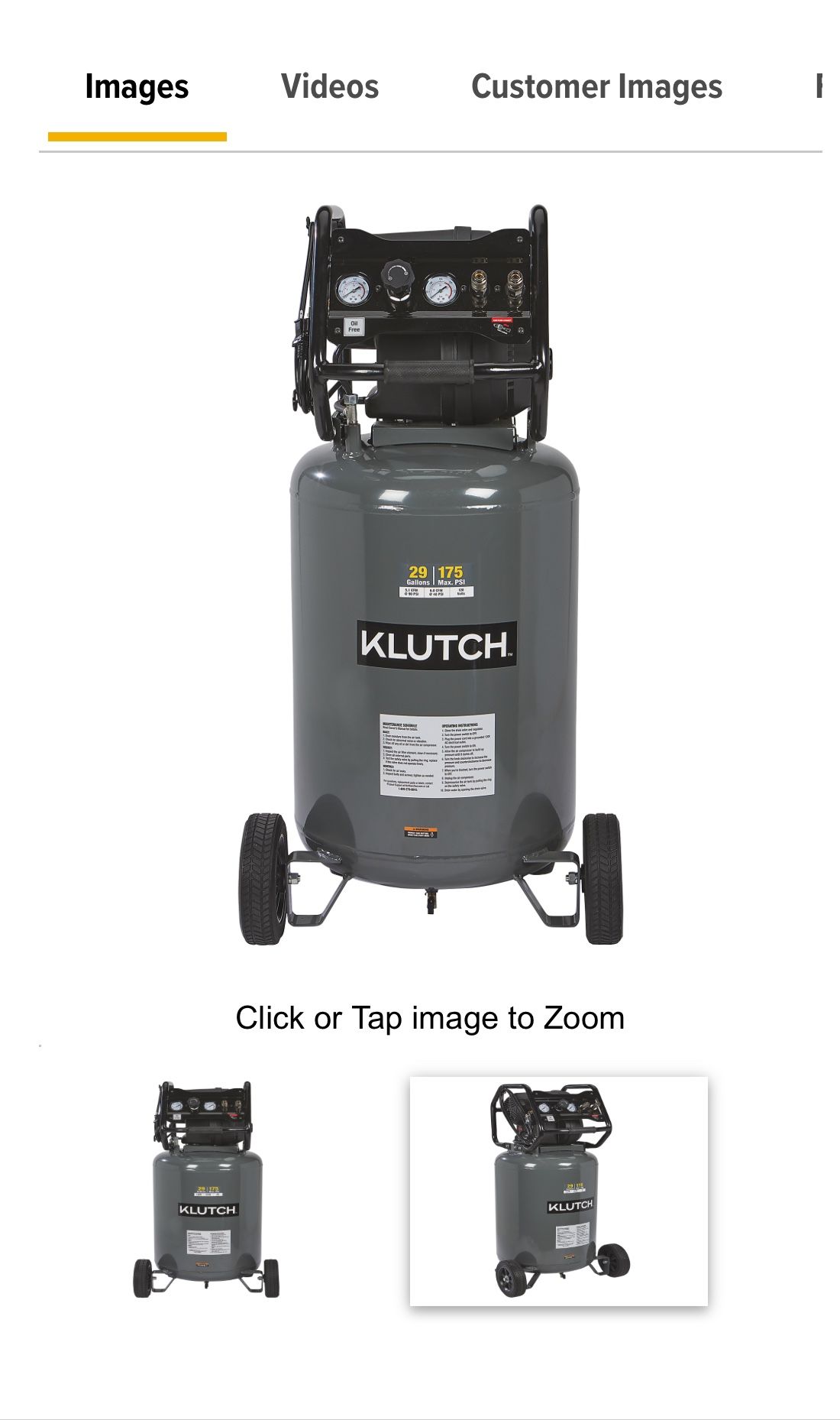 Klutch 29-Gallon Air Compressor, 2.5 HP, 120 Volts, 175 PSI