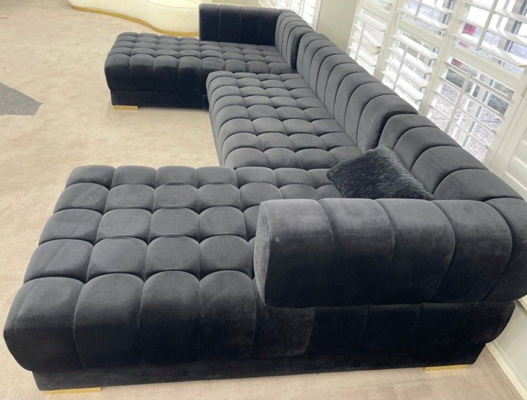 Black Velvet Double Chaise Sectional, Seccional, Couch