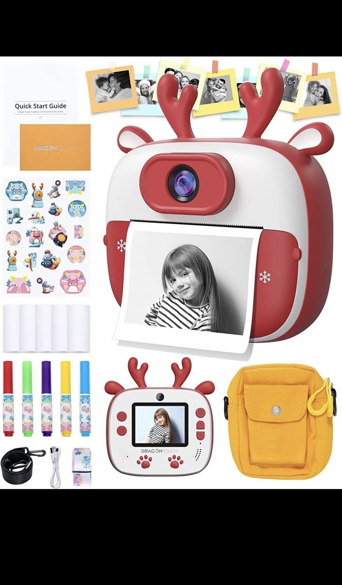 Dragon Touch Instant Camera for Kids, 2 inch 1080P Digital Print Camera (Red)