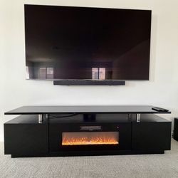 80" Fireplace TV Stand, Modern Finish Media Console with 40" Electric Fireplace, Open Storage Entertainment Center for TVs Up to 90" with LED Lights, 