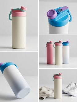Pink and cream stainless water bottle with mint handle