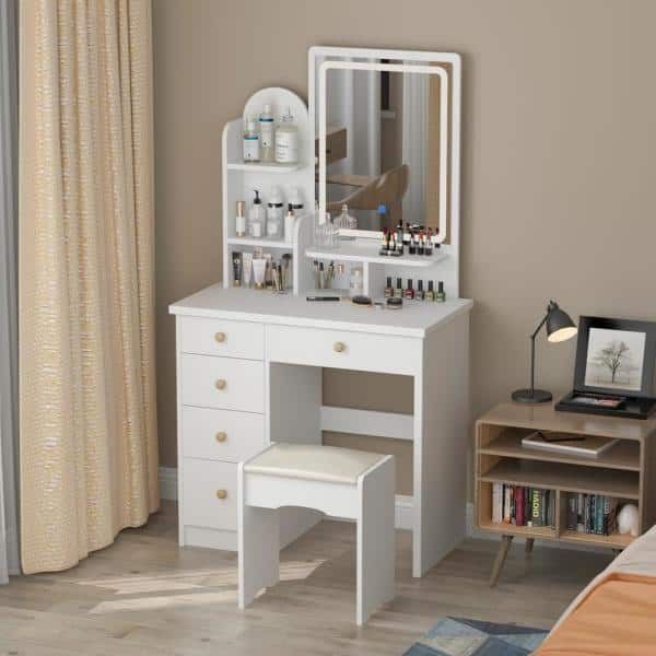 5-Drawers White Makeup Vanity Sets Dressing Table Sets With Stool, Mirror, LED Light and 3-Tier Storage Shelves