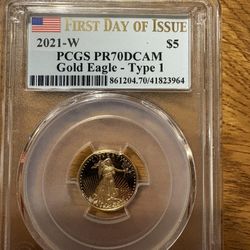 RARE 2021 W (Type 1) $5 Gold Eagle Proof Flag & First Strike Label - 1/10 ounce PCGS PR70 DCAM 