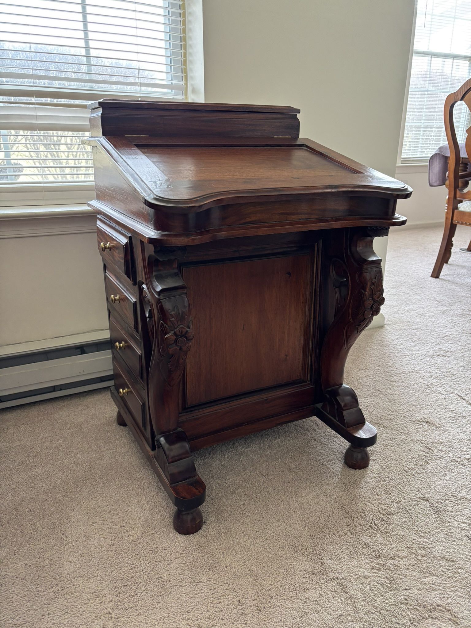 Fine Ornate Vintage Antique Captain’s Desk, heavy solid wood. hinged upper compartment, hinged main top, 8 cubby drawers in main compartment, 8 side d