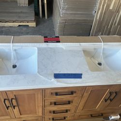 60” Bathroom Vanity in teak , double sink soft close solid wood with vanity top in white  $915  Luke’s liquidations warehouse Address:  2434 N Forsyth