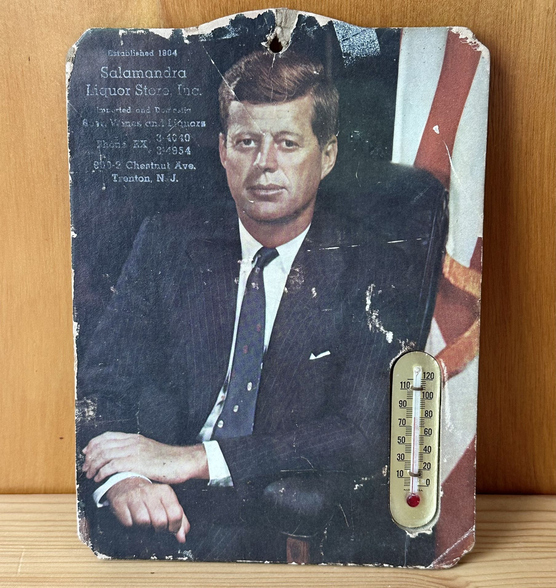 Vintage JFK Liquor Store Cardboard Advertising Thermometer Sign w/ Hanging Hole