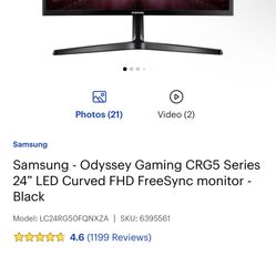 24” Curved Gaming Monitor  144hz 