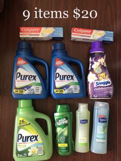 3 Purex Liquid Soap; 1 Snuggles Fabric Softner; 1 Irish Spring; 2 Suave; 2 Toothpastes: 9 Items $20