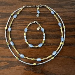 Vintage 90’s Cat’s Eye Gemstone Double String Necklace And Bracelet -Set of 2
