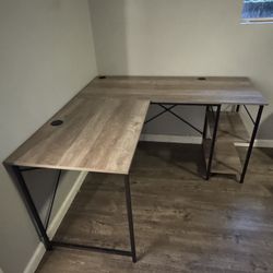 L-Shaped Corner Desk with Shelves – Rustic Wood & Black Metal Frame