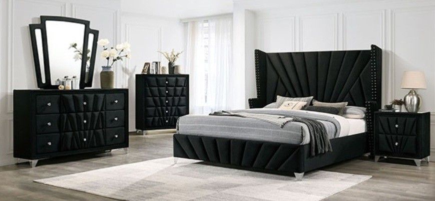 Brand New Black Modern Style 4pc Queen Bedroom Set (Available In California & Eastern King Size)