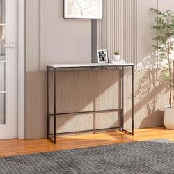 36 in. L x 10 in. W White Rectangle Shape Quartz Stone Table Top Narrow Console Table with Black Metal Sled Base