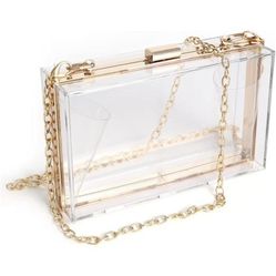 Womens Clear Purse Clutch Bag Shoulder Handbag With Removable Gold Chain Strap