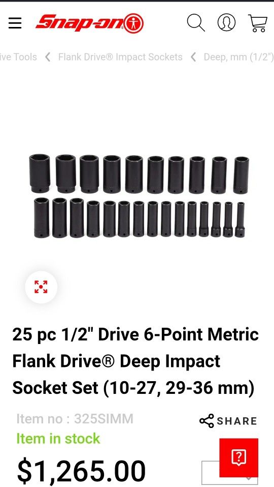 Snap On 25 pc 1/2" Drive 6-Point Metric Flank Drive® Deep Impact Socket Set 10-36 mm