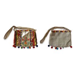 Palestinian Hand Embroidered Burlap Pompom Tote Bag